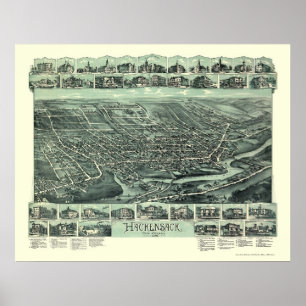 Pôster Hackensack, mapa panorâmico de NJ - 1896