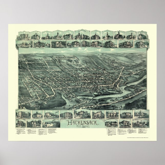 Pôster Hackensack, Mapa Panorâmico NJ - 1896 (Frente)