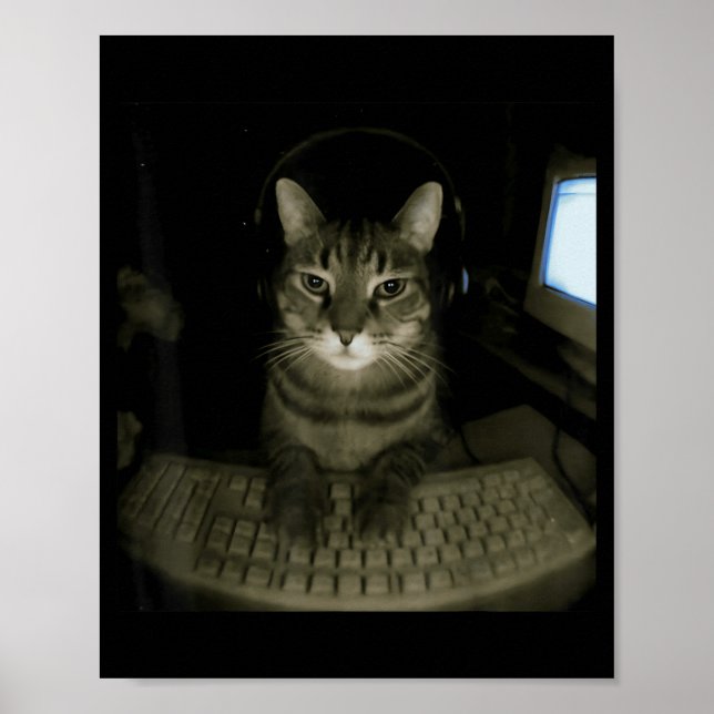 Poster Hacker Cat Meme Funny Computer Cat Kitten Gamer Ca (Frente)
