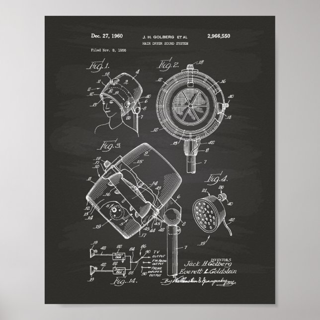 Poster Hair Dryer System 1960 Patent Art Chalkboard (Frente)
