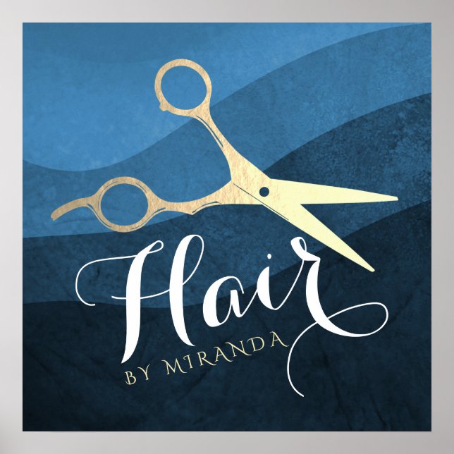 Poster Hair Salon Hairstylist Tesoura Azul e Dourada Mode (Frente)