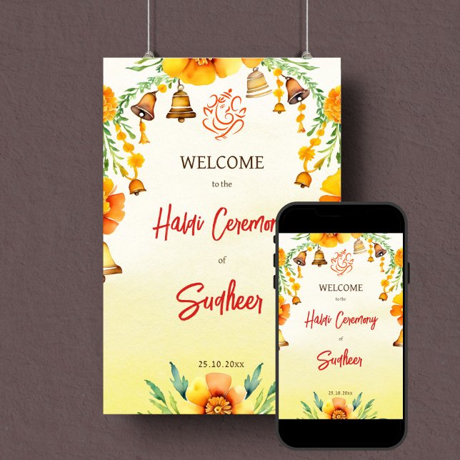 Poster Haldi marigolds sinaliza sinal de boas-vindas ao c (Haldi Indinian wedding welcome sign template instant digital download yellow flowers bells garlands)