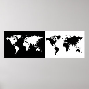 Pôster half black/ half white world map