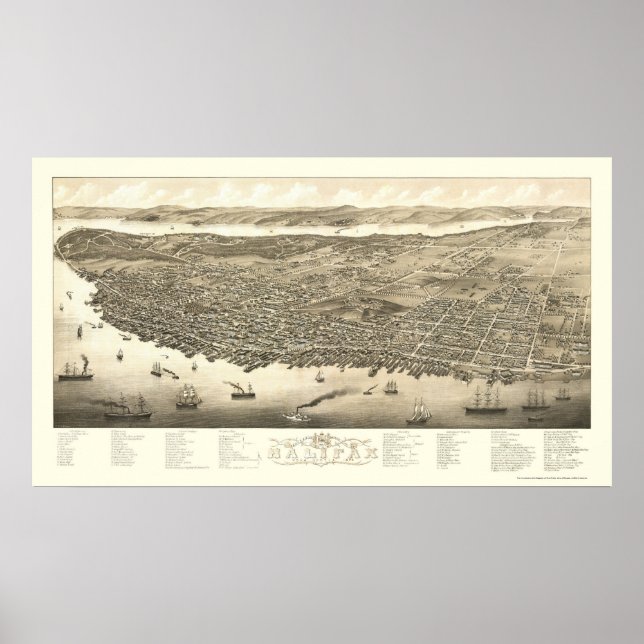 Pôster Halifax, NS, Mapa Panorâmico do Canadá - 1879 (Frente)