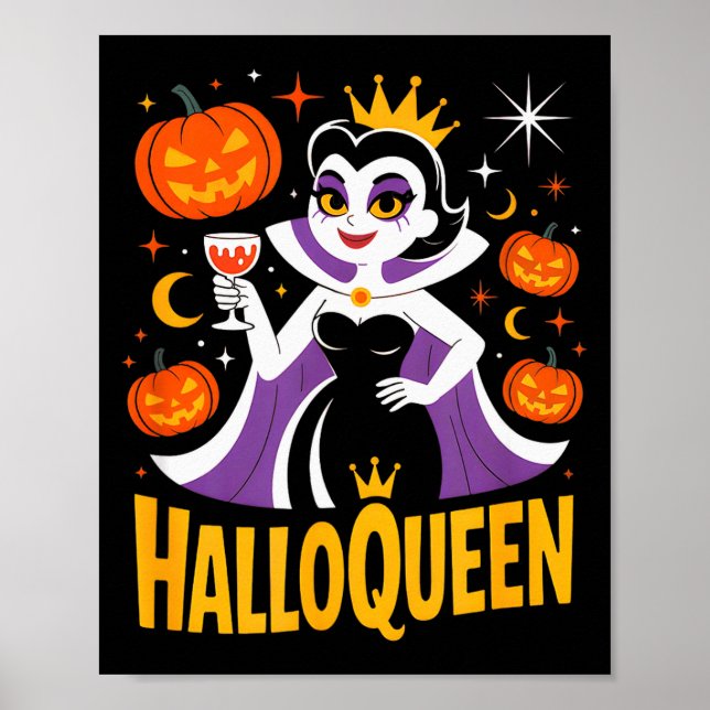 Poster Halloqueen Retro Vamre Queen Halloween Pumpkins Ba (Frente)