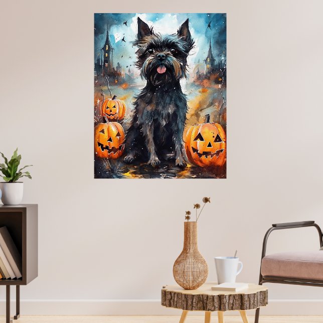 Poster Halloween Affenpinscher Com Pumpkins Assustado (Sala de Estar 3)