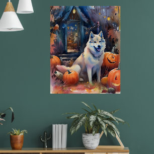 Poster Halloween Alaskan Malamute Com Pumpkins Assustado