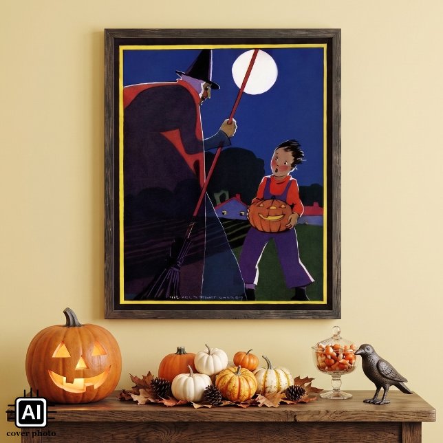 Pôster Halloween Antigo, Bruxa Assustadora com Menino (Vintage illustration Halloween design featuring a witch, a scared child, a pumpkin and a full moon.)