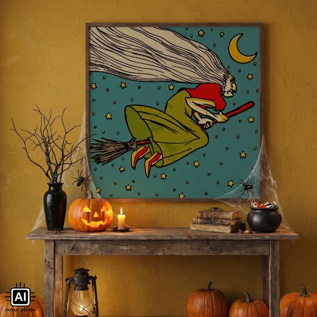 Poster Halloween Antigo, Bruxa Má Voadora em Vassoura (Vintage illustration Halloween design featuring a witch flying on her broomstick through the stars.)