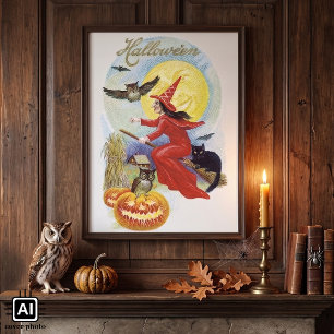 Poster Halloween Antigo, Bruxa Voadora com um Gato Preto