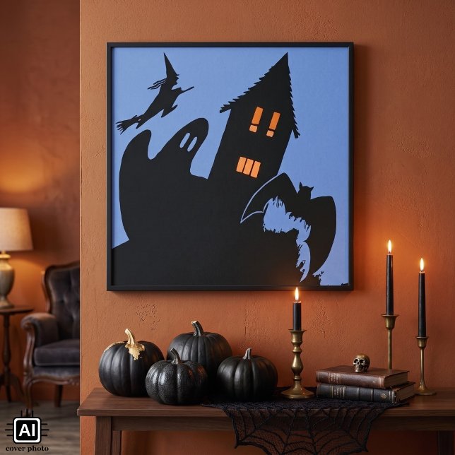 Pôster Halloween Antigo, Casa Assombrada Assustadora e Br (Vintage illustration Halloween design with a haunted house, ghost, bat and a witch on a broomstick.)