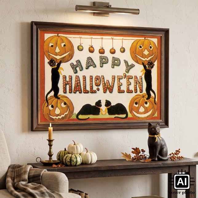 Pôster Halloween Antigo, Gatos Pretos com Jackolanterns (Vintage illustration Halloween design featuring black cats, apples and jack-o-lantern pumpkins.)