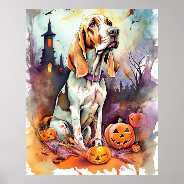 Poster Halloween Basset Hound Com Pumpkins Assustado (Frente)