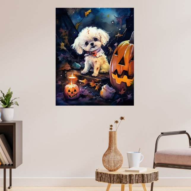 Poster Halloween Bichon Frise Com Pumpkins Assustado (Sala de Estar 3)