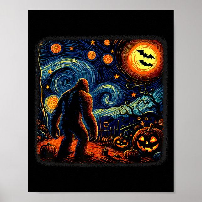 Poster Halloween Bigfoot Starry Night Van Gogh Sasquatch  (Frente)