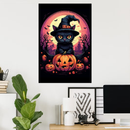 Poster Halloween Black CAT com Pumpkin e Witch HAT