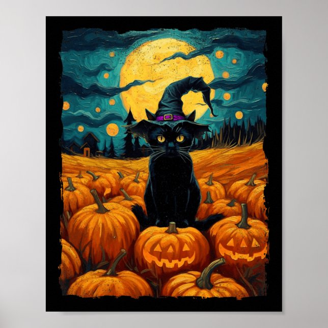 Poster Halloween Black Cat Van Gogh Witch Kawaii Pumpkin (Frente)