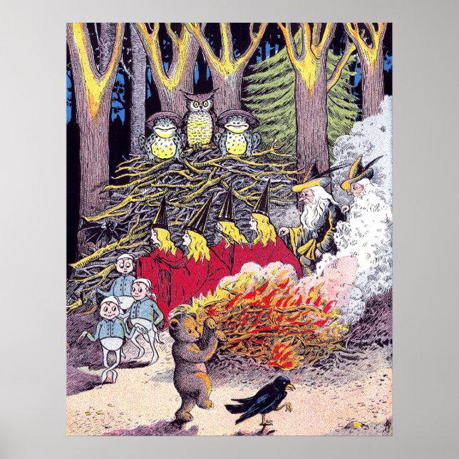 Poster Halloween Bonfire com Urso e Brownies (Frente)