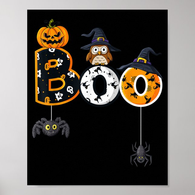 Poster Halloween Boo Owl With Witch Hat Spiders (Frente)