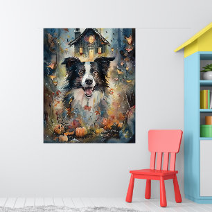 Poster Halloween Border Collie Com Pumpkins Assustado