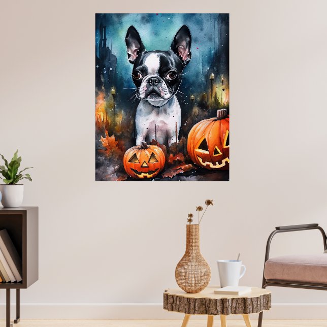 Poster Halloween Boston Terrier Com Pumpkins Assustado (Sala de Estar 3)