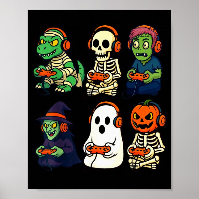 Poster Halloween Boys Kids Gamer Dinosaur Skeleton Ghost  (Frente)
