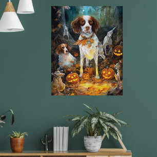 Poster Halloween Brittany Spaniel Com Abóboras Assustador