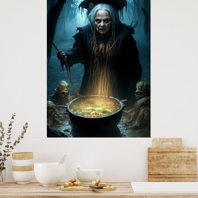 Poster Halloween Bruxa Cauldron com Sopa (Cozinha)
