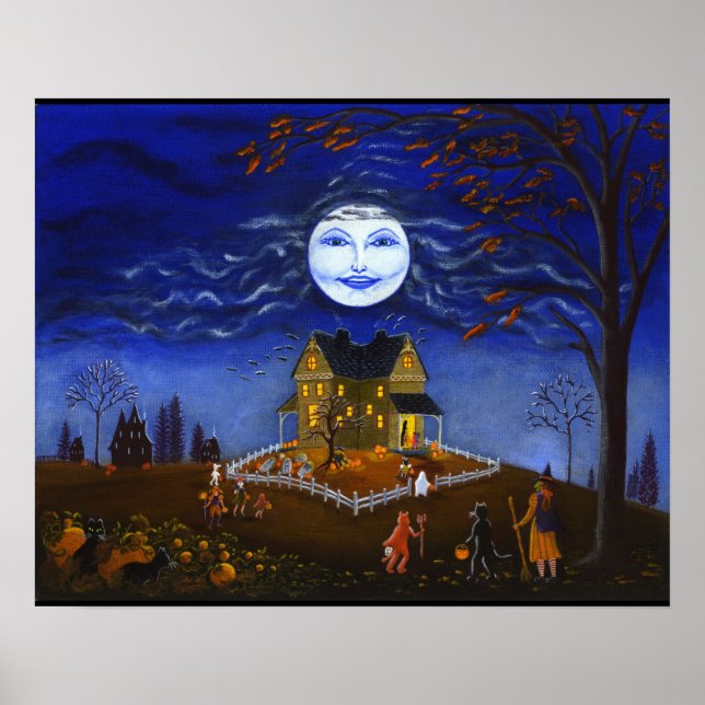 Pôster Halloween,bruxa,diabo,lua,fantasma,morcego,abóbora (Frente)