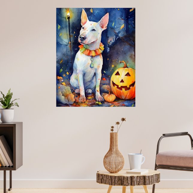 Poster Halloween Bull Terrier Com Pumpkins Assustado (Sala de Estar 3)