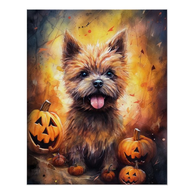 Pôster Halloween Cairn Terrier Com Pumpkins Assustado (Frente)