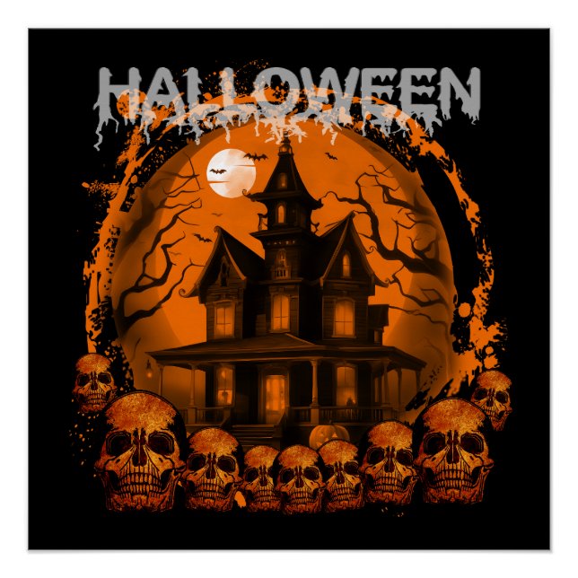 PÔSTER HALLOWEEN CASA ASSOMBRADA ASSUSTADORA CRÂNIOS (Frente)