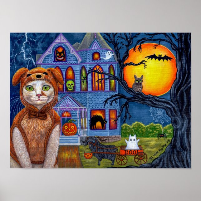 Poster Halloween Cat Dog Costume Haunted Victorian House (Frente)