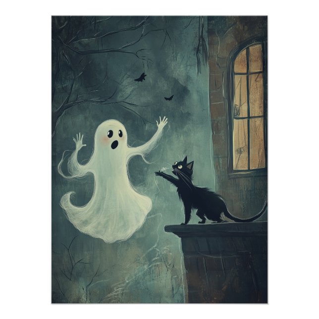Pôster Halloween Cat e Ghost (Frente)