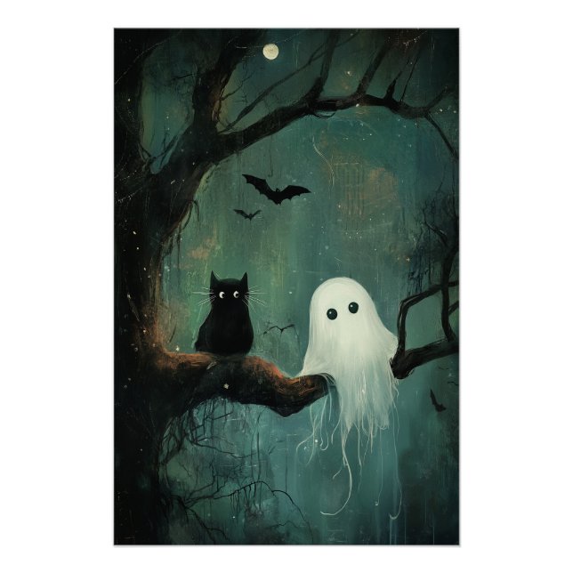 Pôster Halloween Cat e Ghost (Frente)