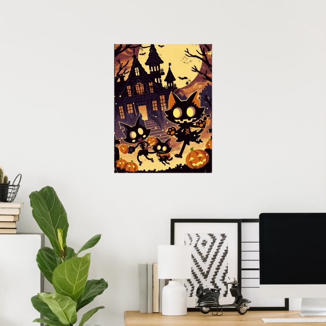 Poster Halloween Cats by the Haunted House (Escritório em casa)