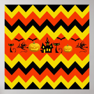 Poster Halloween Chevron Haunted House Black Cat Patterno