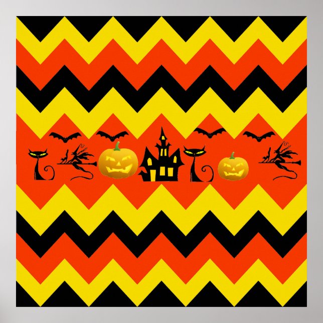 Poster Halloween Chevron Haunted House Black Cat Patterno (Frente)