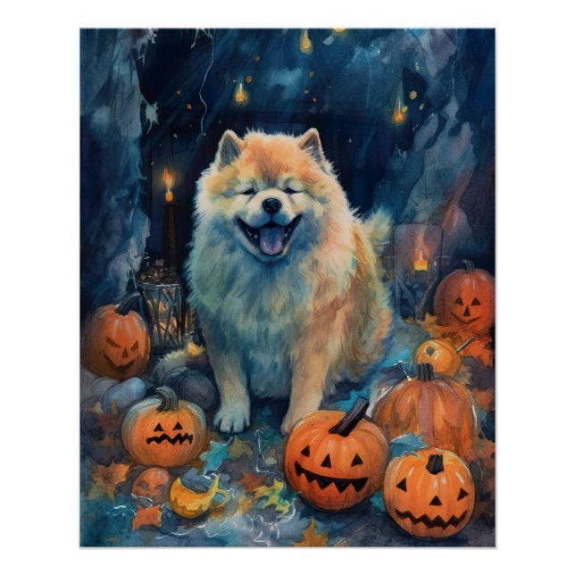 Pôster Halloween Chow Chow Com Pumpkins Assustado (Frente)