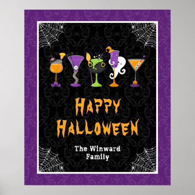Poster Halloween Cocktails Purple Damask Party Sign (Frente)