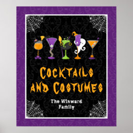 Poster Halloween Cocktails Purple Damask Party Sign