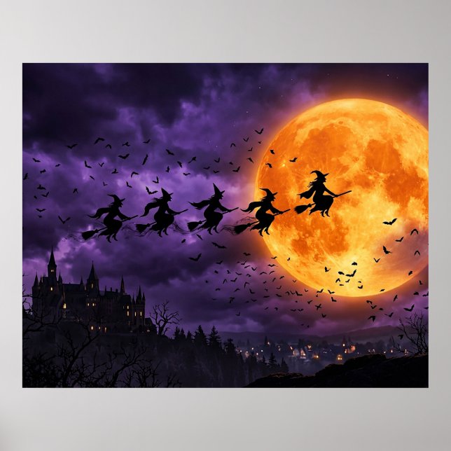 Poster Halloween com Lua e Bruxa (Frente)