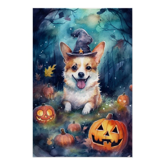 Pôster Halloween Corgi Com Pumpkins Assustado (Frente)