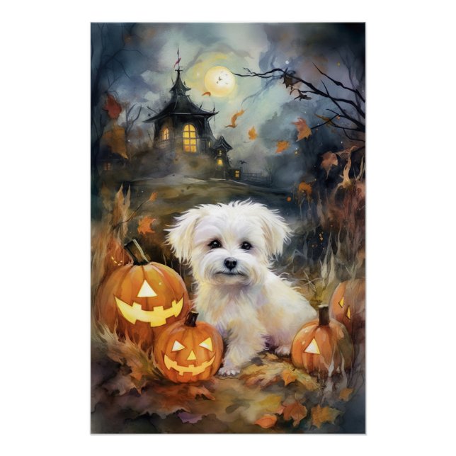 Pôster Halloween Coton De Tulear Com Abóboras Assustador (Frente)