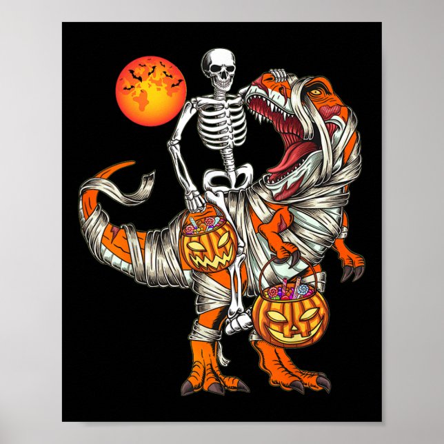 Poster Halloween Dinosaur Skeleton T Rex Scary Pumpkin Mo (Frente)