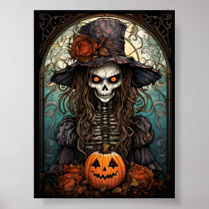 Poster Halloween E Pumpkin Laranja De Bruxas De Esqueleto