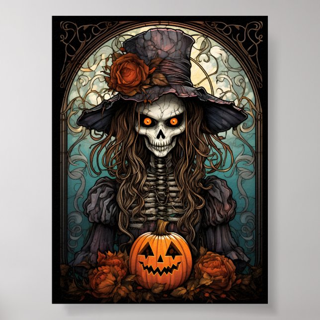 Poster Halloween E Pumpkin Laranja De Bruxas De Esqueleto (Frente)