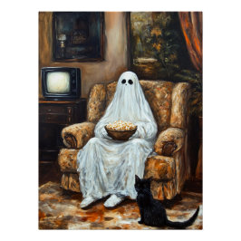 Pôster Halloween Ghost assistindo TV com pipoca