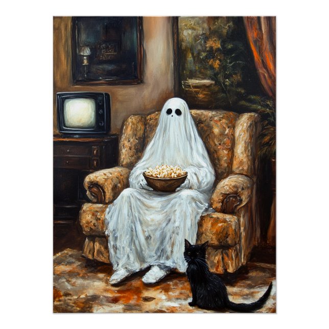 Pôster Halloween Ghost assistindo TV com pipoca (Frente)