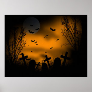 Pôster Halloween Graveyard com Bats e Tombstones